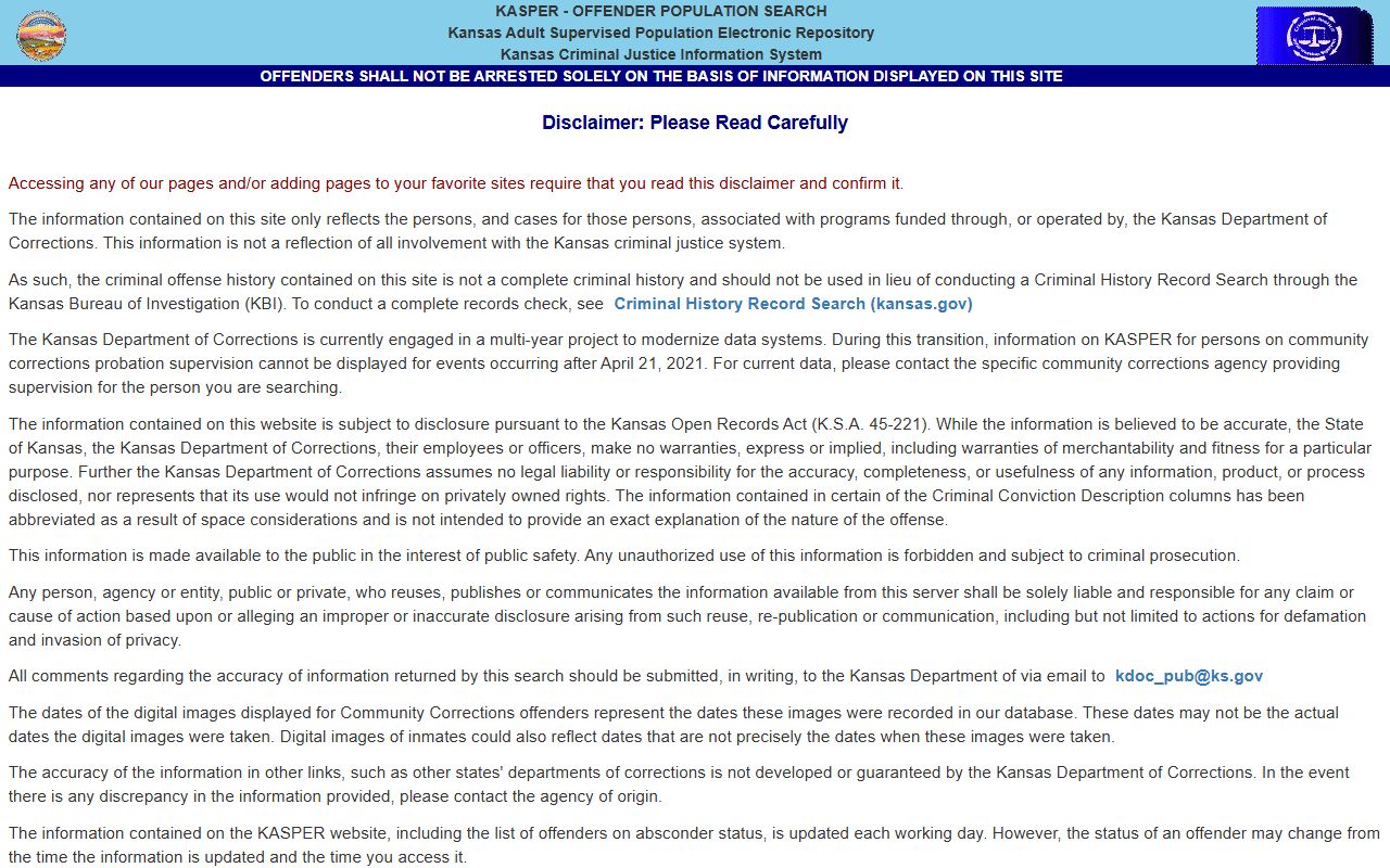 Kansas KASPER inmate population search disclaimer for Rooks County state custody fallback